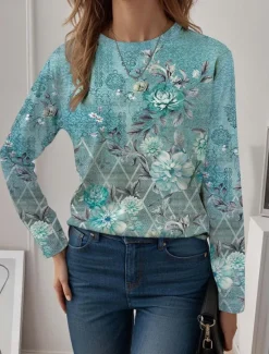 New Women's T shirt Crew Neck Long Sleeve Tunic Casual Print Regular Tops Daily Spring Fall Women Boho Tops