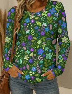 New Women's T shirt Crew Neck Long Sleeve Tunic Floral Graphic Plants Vintage Stylish Classic Round Neck Regular Tops Daily Print Red Blue Purple Brown Green Fall Women T-Shirts