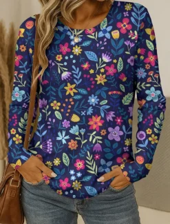 New Women's T shirt Crew Neck Long Sleeve Tunic Floral Graphic Plants Vintage Stylish Classic Round Neck Regular Tops Daily Print Red Blue Purple Brown Green Fall Women T-Shirts