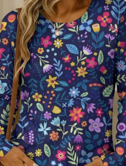 New Women's T shirt Crew Neck Long Sleeve Tunic Floral Graphic Plants Vintage Stylish Classic Round Neck Regular Tops Daily Print Red Blue Purple Brown Green Fall Women T-Shirts