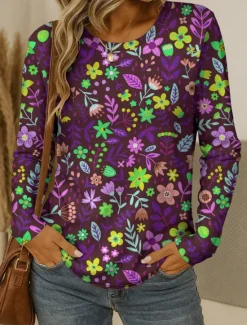 New Women's T shirt Crew Neck Long Sleeve Tunic Floral Graphic Plants Vintage Stylish Classic Round Neck Regular Tops Daily Print Red Blue Purple Brown Green Fall Women T-Shirts