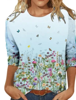 Women's T shirt Crew Neck Long Sleeve Tunic Tee White Red Purple Floral Butterfly Print Casual Daily Basic Vintage Round Neck Regular Floral Abstract Painting S Women Spring Tops