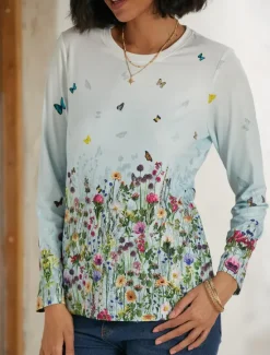 Women's T shirt Crew Neck Long Sleeve Tunic Tee White Red Purple Floral Butterfly Print Casual Daily Basic Vintage Round Neck Regular Floral Abstract Painting S Women Spring Tops