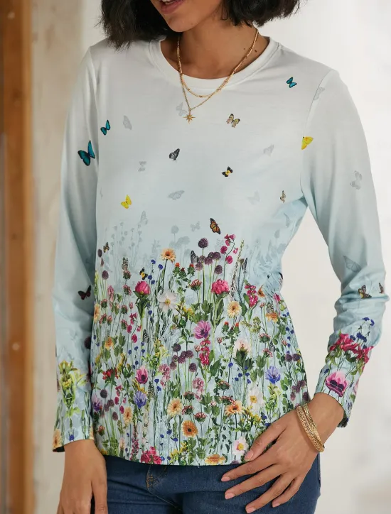 Women's T shirt Crew Neck Long Sleeve Tunic Tee White Red Purple Floral Butterfly Print Casual Daily Basic Vintage Round Neck Regular Floral Abstract Painting S Women Spring Tops
