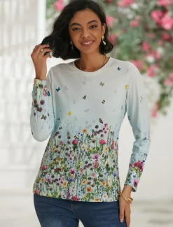 Women's T shirt Crew Neck Long Sleeve Tunic Tee White Red Purple Floral Butterfly Print Casual Daily Basic Vintage Round Neck Regular Floral Abstract Painting S Women Spring Tops