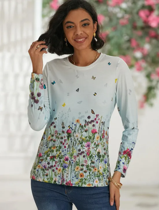 Women's T shirt Crew Neck Long Sleeve Tunic Tee White Red Purple Floral Butterfly Print Casual Daily Basic Vintage Round Neck Regular Floral Abstract Painting S Women Spring Tops