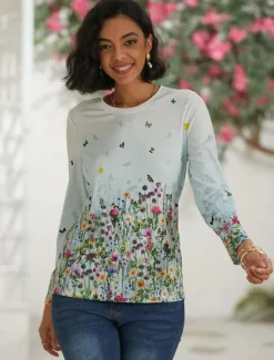 Women's T shirt Crew Neck Long Sleeve Tunic Tee White Red Purple Floral Butterfly Print Casual Daily Basic Vintage Round Neck Regular Floral Abstract Painting S Women Spring Tops