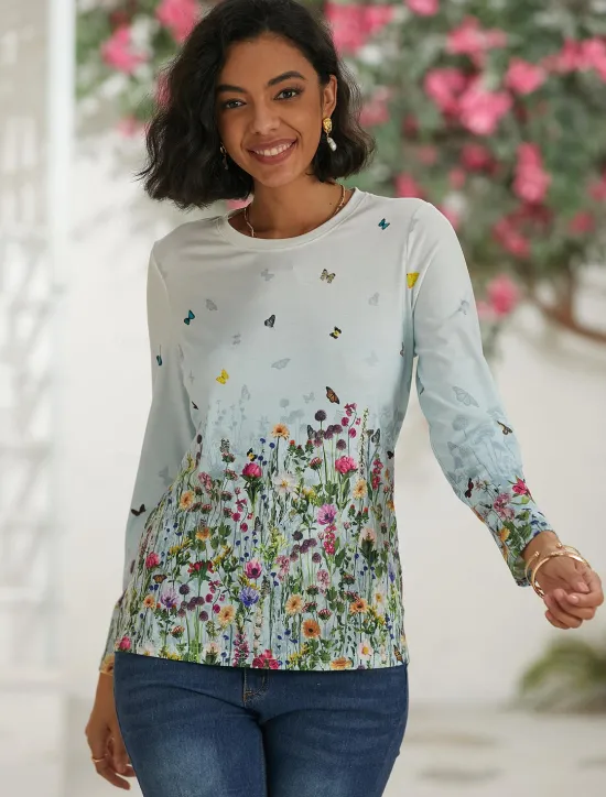 Women's T shirt Crew Neck Long Sleeve Tunic Tee White Red Purple Floral Butterfly Print Casual Daily Basic Vintage Round Neck Regular Floral Abstract Painting S Women Spring Tops