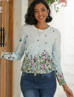 Women's T shirt Crew Neck Long Sleeve Tunic Tee White Red Purple Floral Butterfly Print Casual Daily Basic Vintage Round Neck Regular Floral Abstract Painting S Women Spring Tops