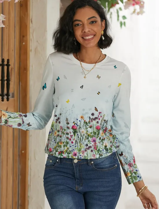 Women's T shirt Crew Neck Long Sleeve Tunic Tee White Red Purple Floral Butterfly Print Casual Daily Basic Vintage Round Neck Regular Floral Abstract Painting S Women Spring Tops