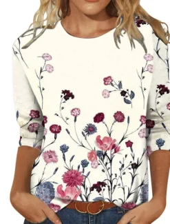 Women's T shirt Crew Neck Long Sleeve Tunic Tee White Red Purple Floral Butterfly Print Casual Daily Basic Vintage Round Neck Regular Floral Abstract Painting S Women Spring Tops
