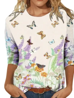 Women's T shirt Crew Neck Long Sleeve Tunic Tee White Red Purple Floral Butterfly Print Casual Daily Basic Vintage Round Neck Regular Floral Abstract Painting S Women Spring Tops