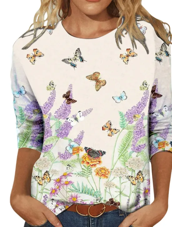 Women's T shirt Crew Neck Long Sleeve Tunic Tee White Red Purple Floral Butterfly Print Casual Daily Basic Vintage Round Neck Regular Floral Abstract Painting S Women Spring Tops
