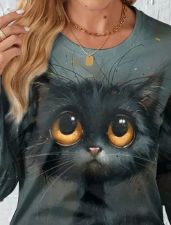 Hot Women's T shirt Crew Neck Long Sleeve Tunic Cat Casual Regular Tops Daily Print Spring Fall Women T-Shirts