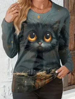 Hot Women's T shirt Crew Neck Long Sleeve Tunic Cat Casual Regular Tops Daily Print Spring Fall Women T-Shirts