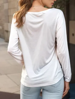 Online Women's T shirt Crew Neck Long Sleeve Tunic Graphic Animal Cat Vintage Stylish Classic Round Neck Regular Tops Daily Weekend Print Black and White Black White Yellow Pink Spring Fall Women T-Shirts