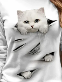 Online Women's T shirt Crew Neck Long Sleeve Tunic Graphic Animal Cat Vintage Stylish Classic Round Neck Regular Tops Daily Weekend Print Black and White Black White Yellow Pink Spring Fall Women T-Shirts