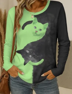 Online Women's T shirt Crew Neck Long Sleeve Tunic Graphic Animal Cat Vintage Stylish Classic Round Neck Regular Tops Daily Weekend Print Black and White Black White Yellow Pink Spring Fall Women T-Shirts