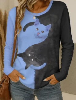 Online Women's T shirt Crew Neck Long Sleeve Tunic Graphic Animal Cat Vintage Stylish Classic Round Neck Regular Tops Daily Weekend Print Black and White Black White Yellow Pink Spring Fall Women T-Shirts