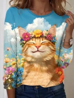 Clearance Women's T shirt Crew Neck Long Sleeve Tunic Floral Cat Casual Regular Tops Daily Print Spring Fall Women T-Shirts