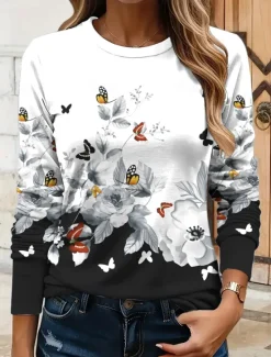 Women's T shirt Crew Neck Long Sleeve Tunic Floral Graphic Butterfly Vintage Stylish Classic Round Neck Regular Tops Daily Print Yellow Red Blue Purple Green Fall Women T-Shirts