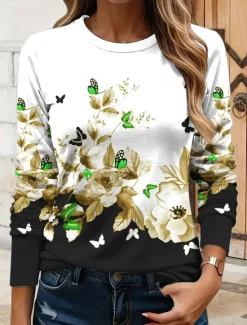 Women's T shirt Crew Neck Long Sleeve Tunic Floral Graphic Butterfly Vintage Stylish Classic Round Neck Regular Tops Daily Print Yellow Red Blue Purple Green Fall Women T-Shirts