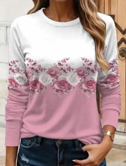 Hot Women's T shirt Crew Neck Long Sleeve Tunic Floral Graphic Plants Vintage Stylish Classic Round Neck Regular Tops Daily Print Yellow Pink Blue Purple Green Fall Women T-Shirts