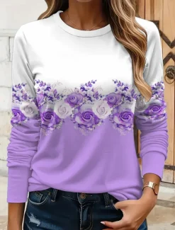 Hot Women's T shirt Crew Neck Long Sleeve Tunic Floral Graphic Plants Vintage Stylish Classic Round Neck Regular Tops Daily Print Yellow Pink Blue Purple Green Fall Women T-Shirts