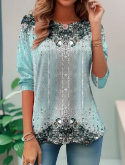 Online Women's T shirt Crew Neck Long Sleeve Tunic Graphic Daily Basic Round Neck Regular Tops Daily Weekend Print Red Blue Purple Green Light Blue Fall & Winter Women T-Shirts|Boho Tops