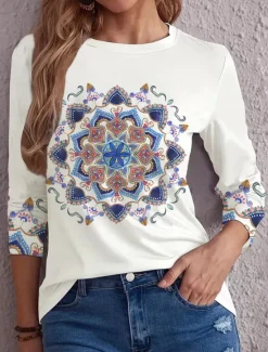 Clearance Women's T shirt Crew Neck Long Sleeve Tunic Letter Casual Round Neck Regular Tops Daily Weekend Print Fall Winter Women Spring Tops|Boho Tops