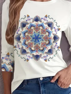 Clearance Women's T shirt Crew Neck Long Sleeve Tunic Letter Casual Round Neck Regular Tops Daily Weekend Print Fall Winter Women Spring Tops|Boho Tops
