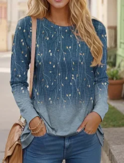 New Women's T shirt Crew Neck Long Sleeve Tunic Casual Print Regular Tops Daily Navy Blue Blue Green Khaki Spring Fall Women Spring Tops