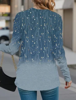 New Women's T shirt Crew Neck Long Sleeve Tunic Casual Print Regular Tops Daily Navy Blue Blue Green Khaki Spring Fall Women Spring Tops
