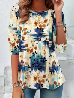 New Women's T shirt Crew Neck Long Sleeve Tunic Casual Print Regular Tops Daily Navy Blue Blue Green Khaki Spring Fall Women Spring Tops
