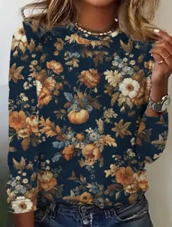 New Women's T shirt Crew Neck Long Sleeve Tunic Casual Print Regular Tops Daily Navy Blue Blue Green Khaki Spring Fall Women Spring Tops
