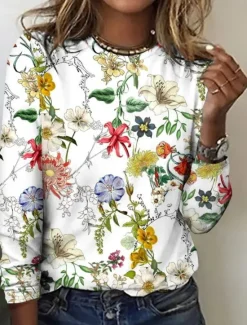 Women's T shirt Crew Neck Long Sleeve Tunic Floral Casual Regular Tops Daily Print Spring Fall Women T-Shirts|Spring Tops