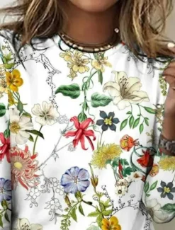 Women's T shirt Crew Neck Long Sleeve Tunic Floral Casual Regular Tops Daily Print Spring Fall Women T-Shirts|Spring Tops