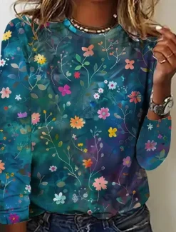Clearance Women's T shirt Crew Neck Long Sleeve Tunic Floral Graphic Casual Regular Tops Daily Print Spring Fall Women Spring Tops|T-Shirts