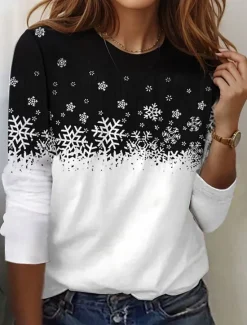 Clearance Women's T shirt Crew Neck Long Sleeve Tunic Modern Casual Snowflake Regular Tops Print Regular Fit Daily Weekend Fall Winter Women T-Shirts