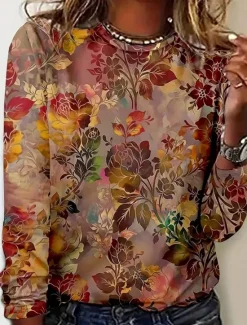 Outlet Women's T shirt Crew Neck Long Sleeve Tunic Floral Graphic Casual Regular Tops Daily Print Spring Fall Women T-Shirts|Boho Tops