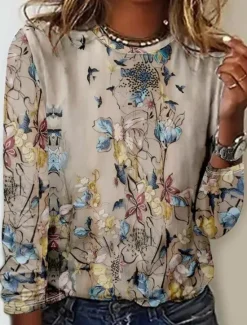 Clearance Women's T shirt Crew Neck Long Sleeve Tunic Floral Animal Plants Casual Regular Tops Daily Going out Weekend Print Women T-Shirts
