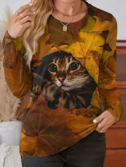 Sale Women's T shirt Crew Neck Long Sleeve Tunic Cat Casual Regular Tops Daily Print Spring Fall Women T-Shirts
