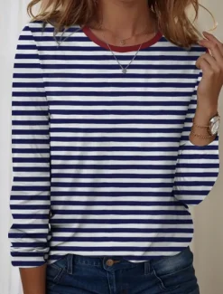 Best Women's T shirt Crew Neck Long Sleeve Tunic Graphic Striped Elegant Vintage Regular Tops Daily Going out Weekend Print Women T-Shirts