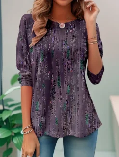 Best Women's T shirt Crew Neck Long Sleeve Tunic Graphic Daily Basic Round Neck Regular Tops Daily Weekend Print Pink Blue Purple Green Violet Fall & Winter Women T-Shirts