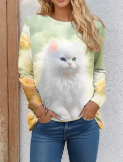 Women's T shirt Crew Neck Long Sleeve Tunic Cat 3D Funny Round Neck Regular Tops Daily Weekend Print Light Green Navy Blue Blue Green Spring & Fall Women T-Shirts