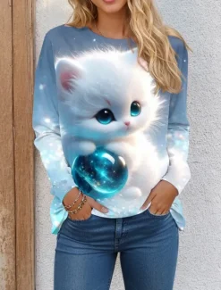 Women's T shirt Crew Neck Long Sleeve Tunic Cat 3D Funny Round Neck Regular Tops Daily Weekend Print Light Green Navy Blue Blue Green Spring & Fall Women T-Shirts