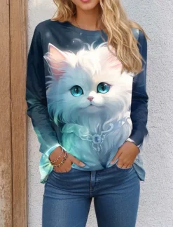 Women's T shirt Crew Neck Long Sleeve Tunic Cat 3D Funny Round Neck Regular Tops Daily Weekend Print Light Green Navy Blue Blue Green Spring & Fall Women T-Shirts