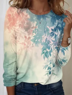 Women's T shirt Crew Neck Long Sleeve Tunic Floral Casual Regular Tops Daily Print Spring Fall Women Spring Tops