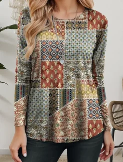 New Women's T shirt Crew Neck Long Sleeve Tunic Graphic Geometric Casual Regular Tops Daily Print Spring Fall Women Boho Tops