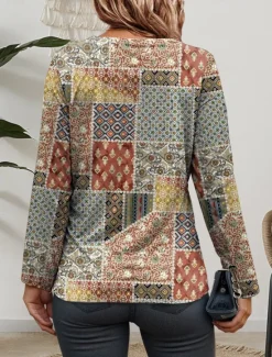 New Women's T shirt Crew Neck Long Sleeve Tunic Graphic Geometric Casual Regular Tops Daily Print Spring Fall Women Boho Tops